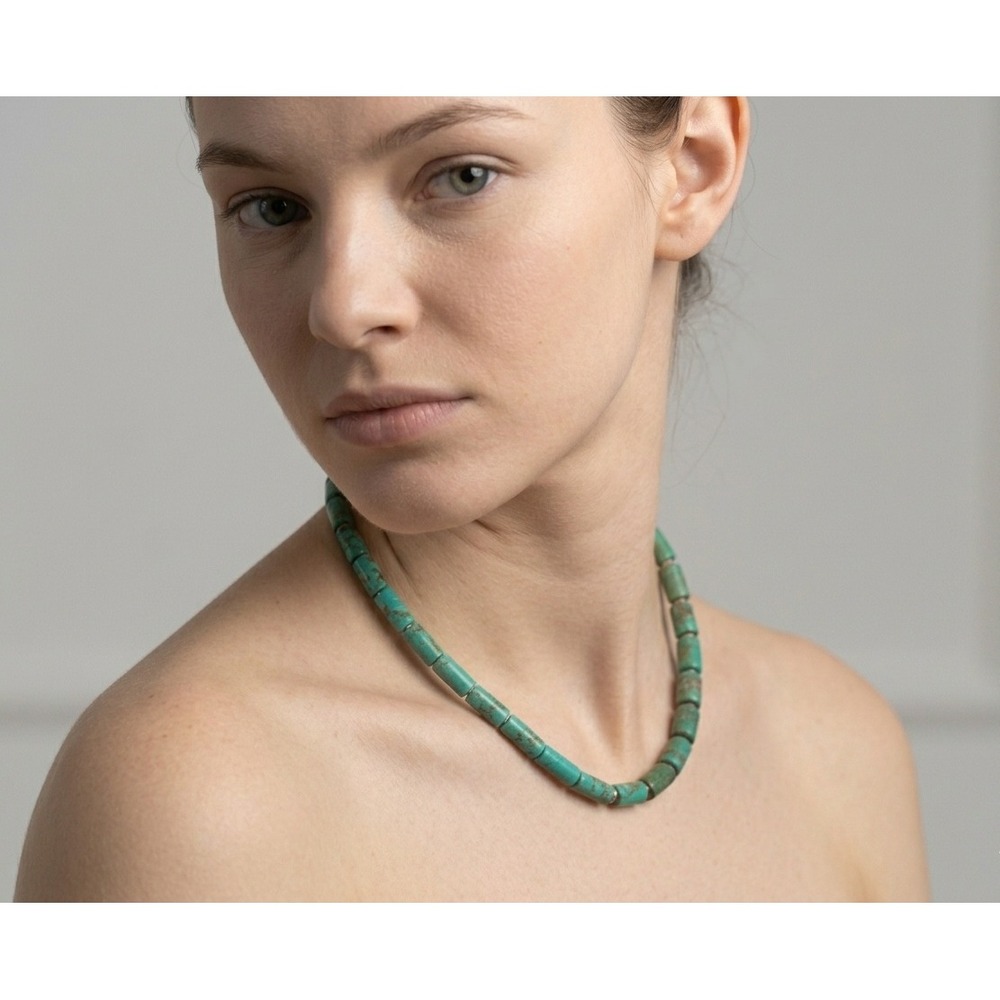 Stunning Royston Turquoise Barrel Tube Necklace 20" Jewelry